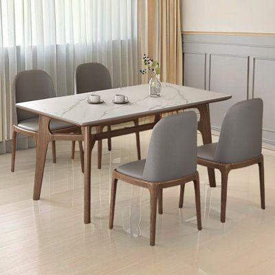 53 White Ceramic Table with 4 grey & brown upholstered chairs - Image 1